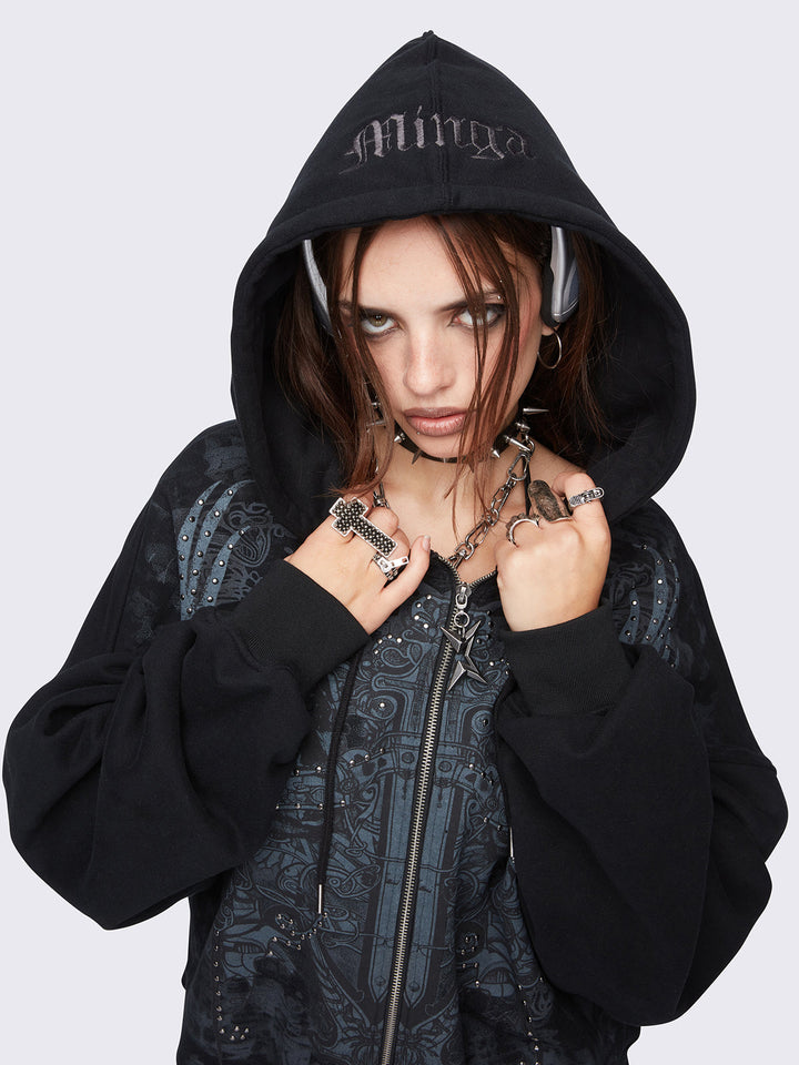Black Oversized Zip Up Hoodie with Grunge Graphic | Minga