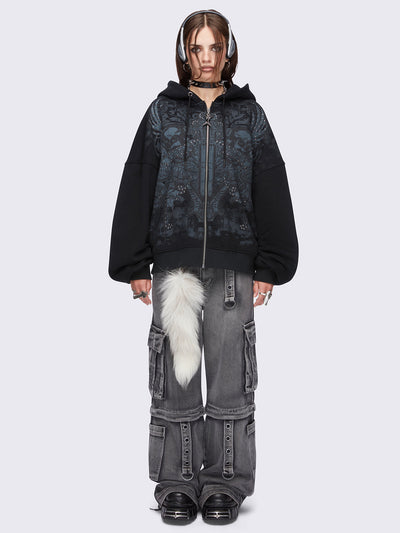 Black zip up hoodie jacket featuring a grunge graphic front print and silver stud details.