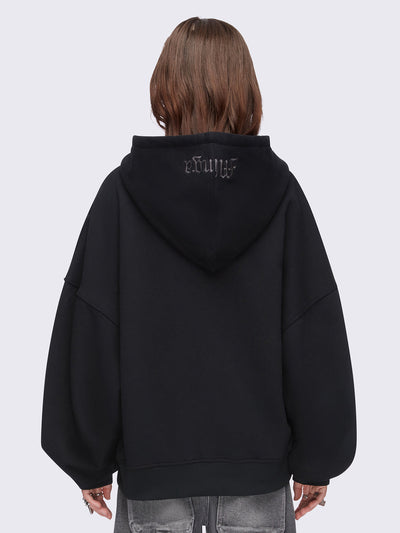 Black zip up hoodie jacket featuring a grunge graphic front print and silver stud details.