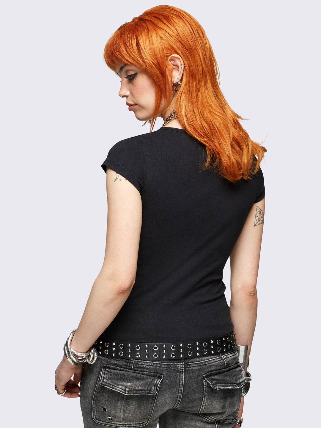 Black V-Neck Baby Tee with Grunge Graphic & Hotfix Studs