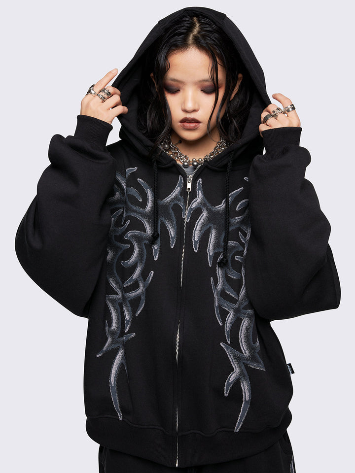 Oversized Black Zip Up Hoodie with Sigilism Print | Minga