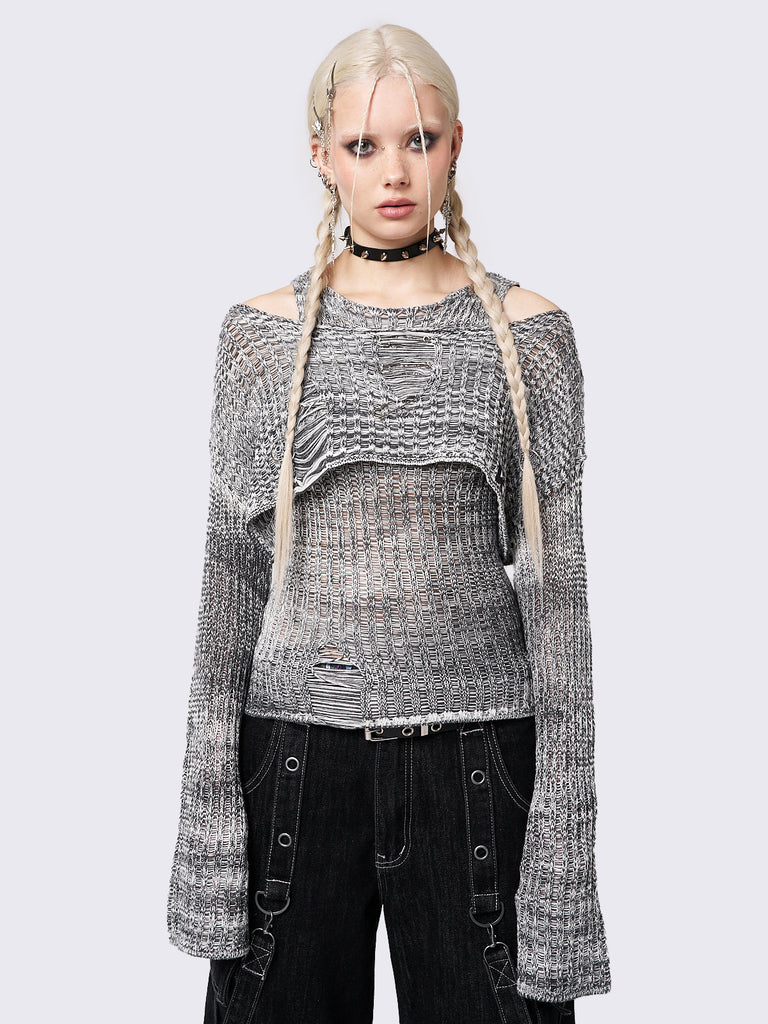 Grey Distressed Knit Set - Off-shoulder Shrug with Flare Sleeves 
