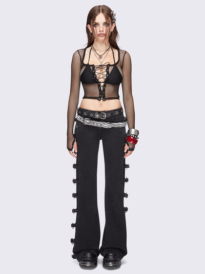 Black fishnet corset top with adjustable lace up front design and thumbhole cuffs.