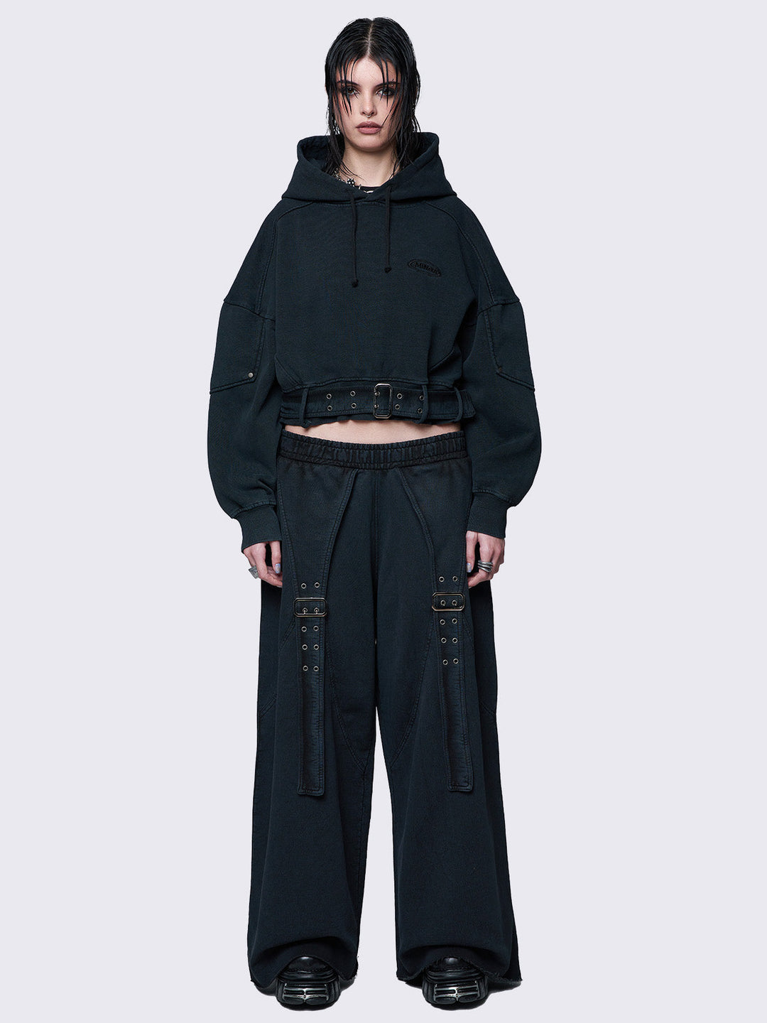 Black Wash Wide-Leg Sweatpants with Buckle Straps – Joggers