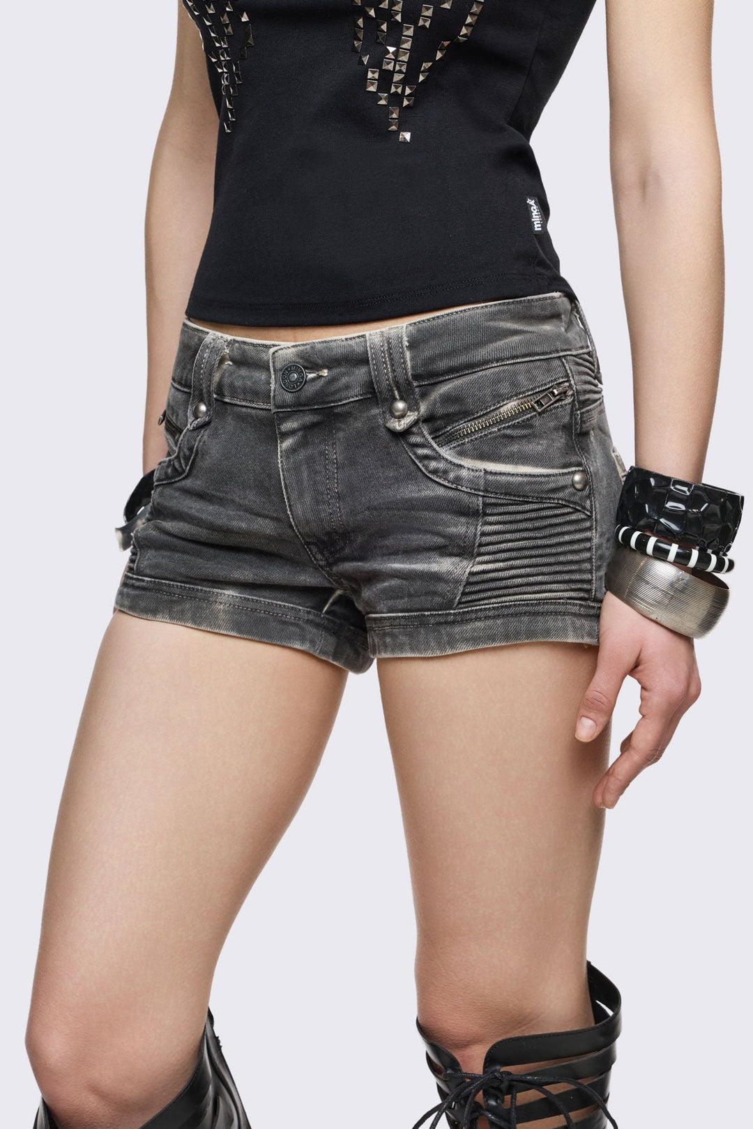 Grey Denim Micro Shorts With Ribbed Panels | Minga London