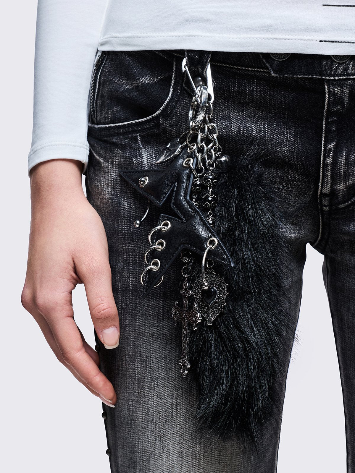 Silver clasp keychain: multi-charm design with furry fox tail, cross, heart and more 