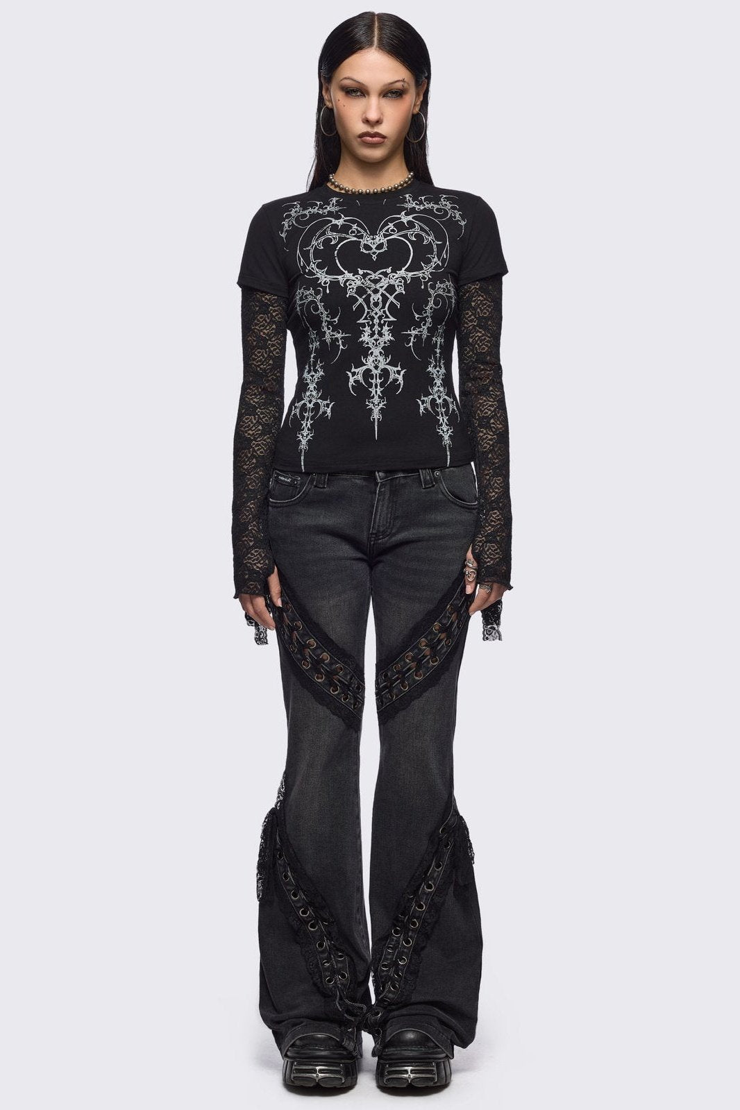 Black Layered Lace Baby Tee with Sigilism Graphic Print | Minga