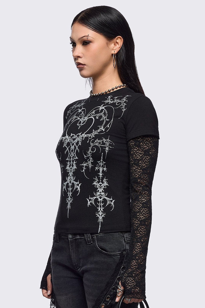 Black Layered Lace Baby Tee with Sigilism Graphic Print | Minga