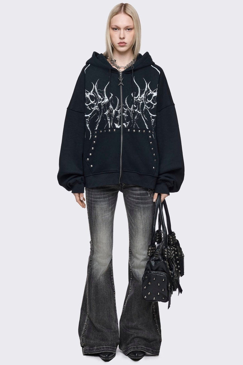 Black Oversized Cyber Sigilism Zip Up Hoodie | Minga London