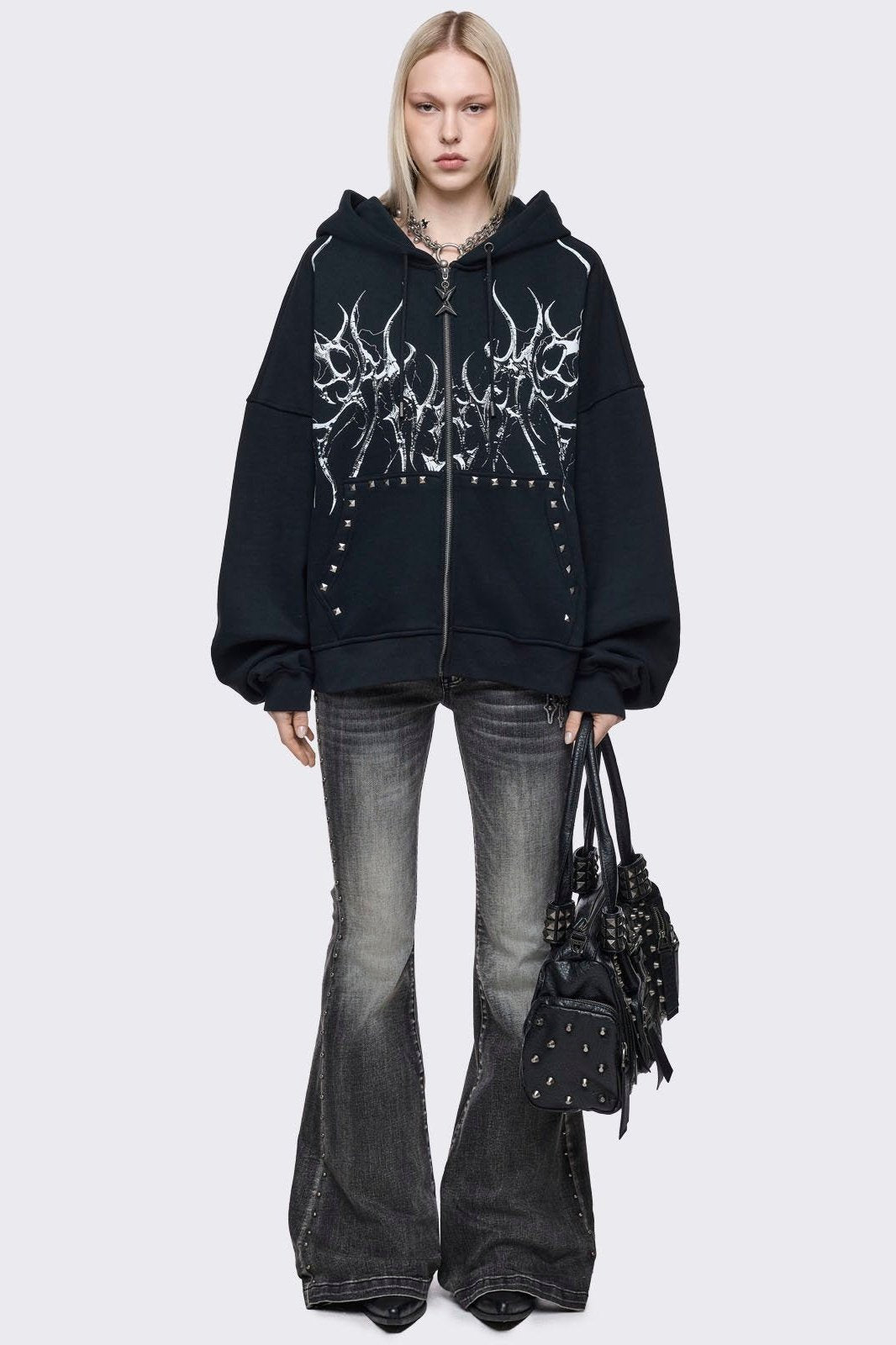 Black Oversized Cyber Sigilism Zip Up Hoodie | Minga London