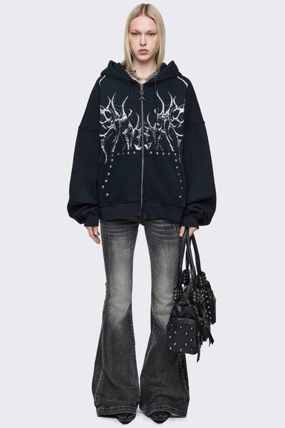Black Oversized Cyber Sigilism Zip Up Hoodie | Minga London