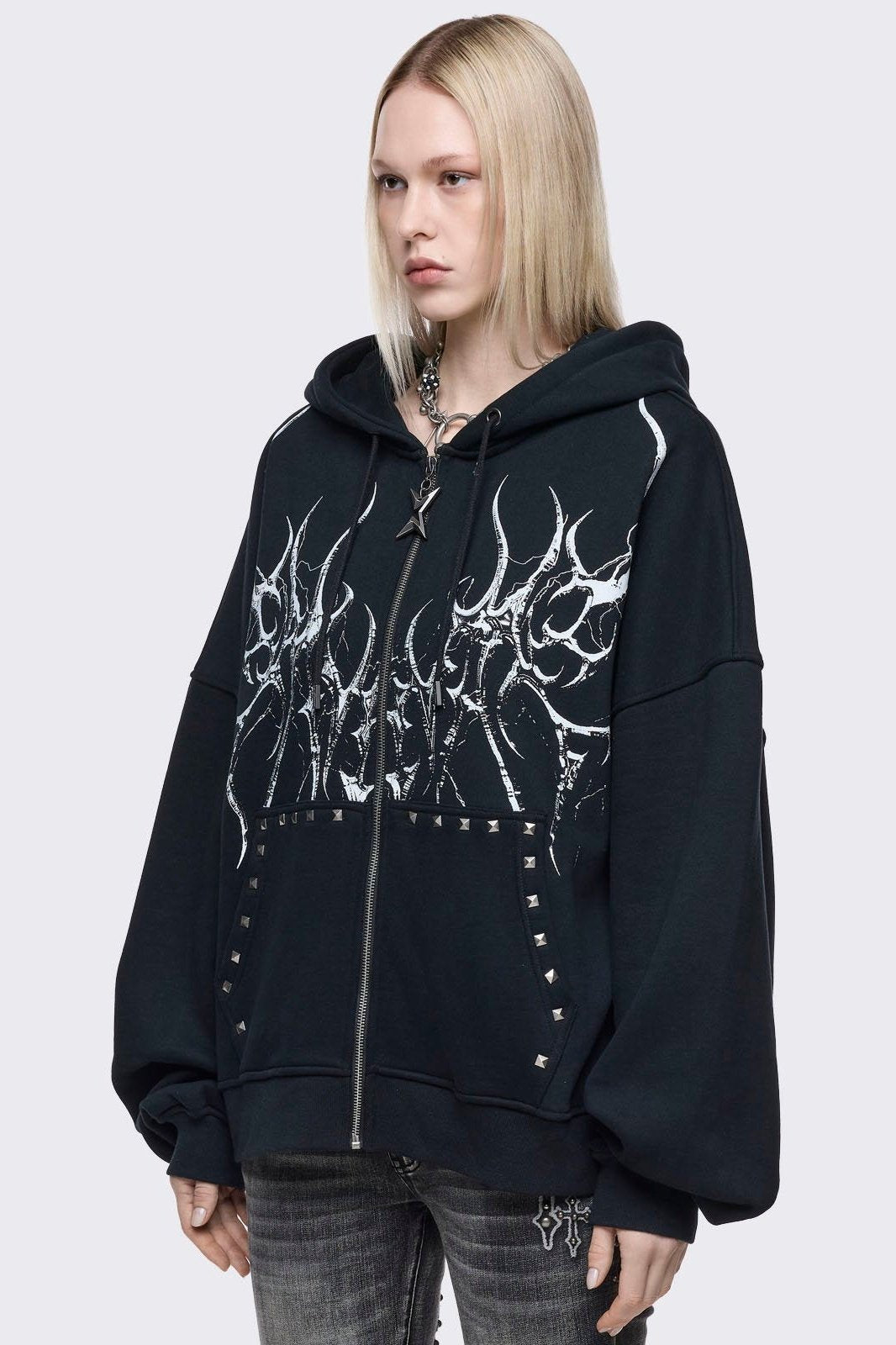 Black Oversized Cyber Sigilism Zip Up Hoodie | Minga London