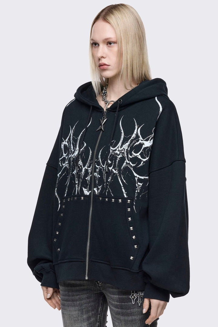 Black Oversized Cyber Sigilism Zip Up Hoodie | Minga London