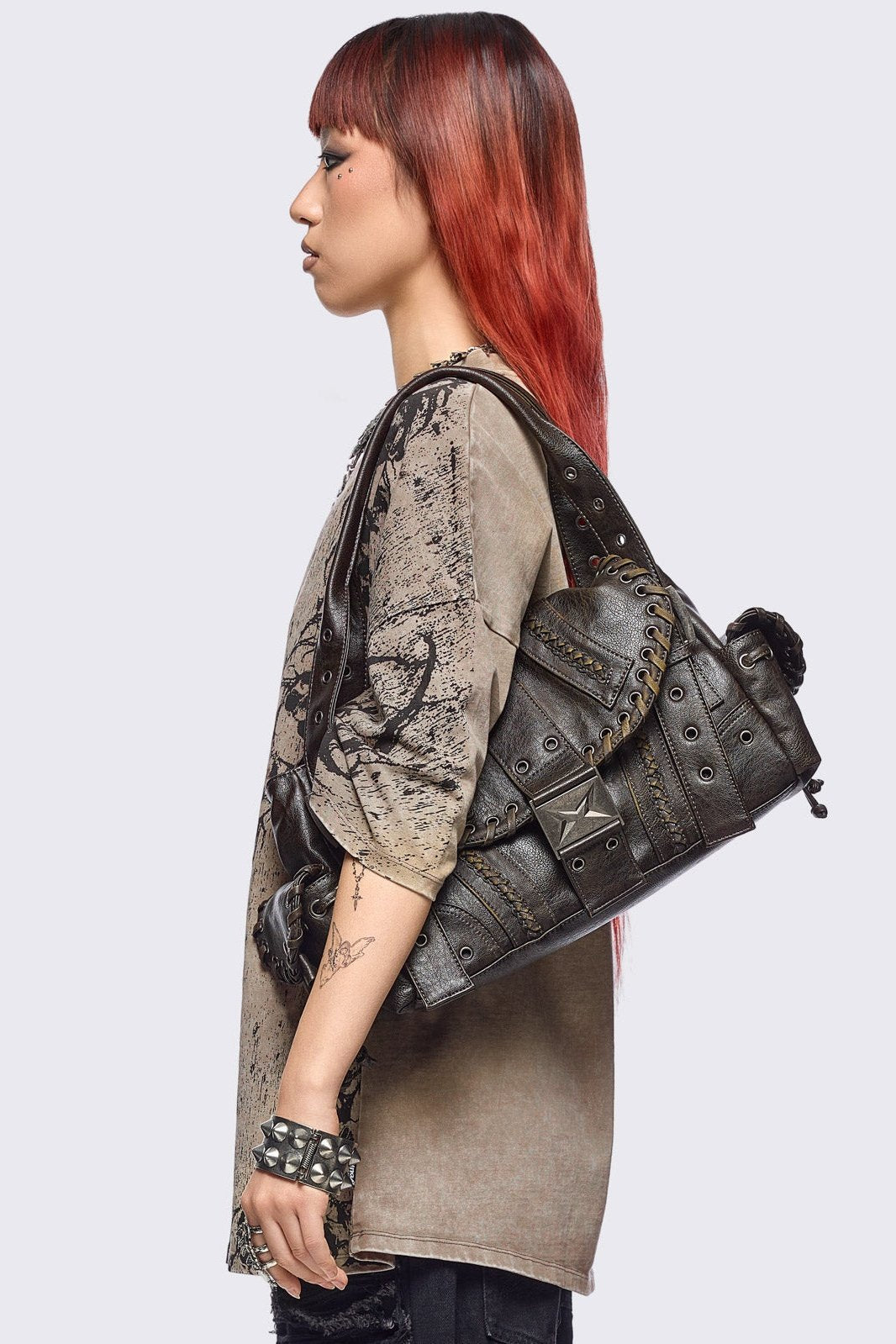 Brown Faux Leather Multi Pocket Shoulder Bag | Minga London