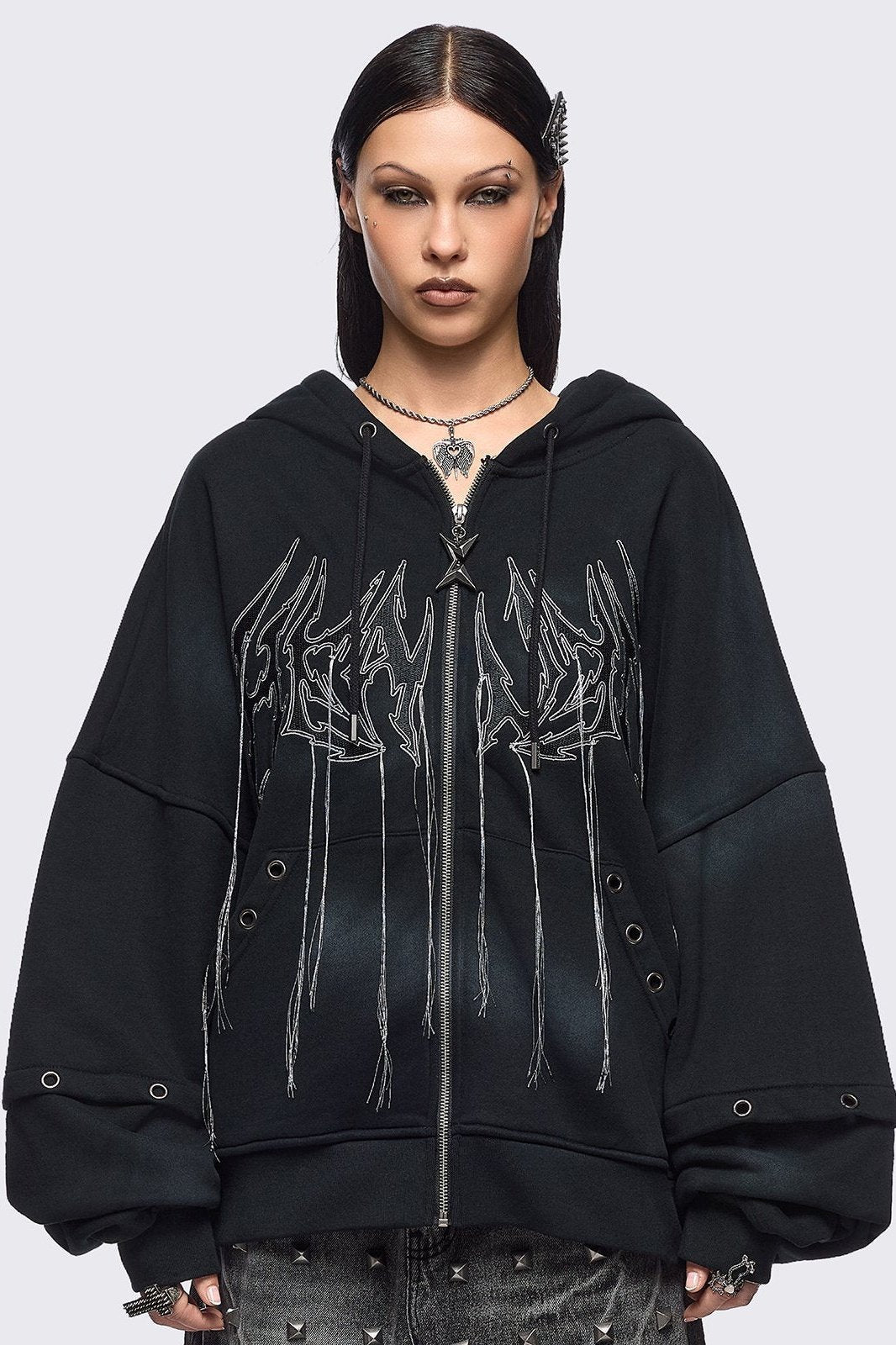 Y2k Sweat à capuche zippé pour femme Motif squelette en strass, D-black, M Y2k Sweat à capuche zippé pour femme Motif squelette en strass, D-black, M