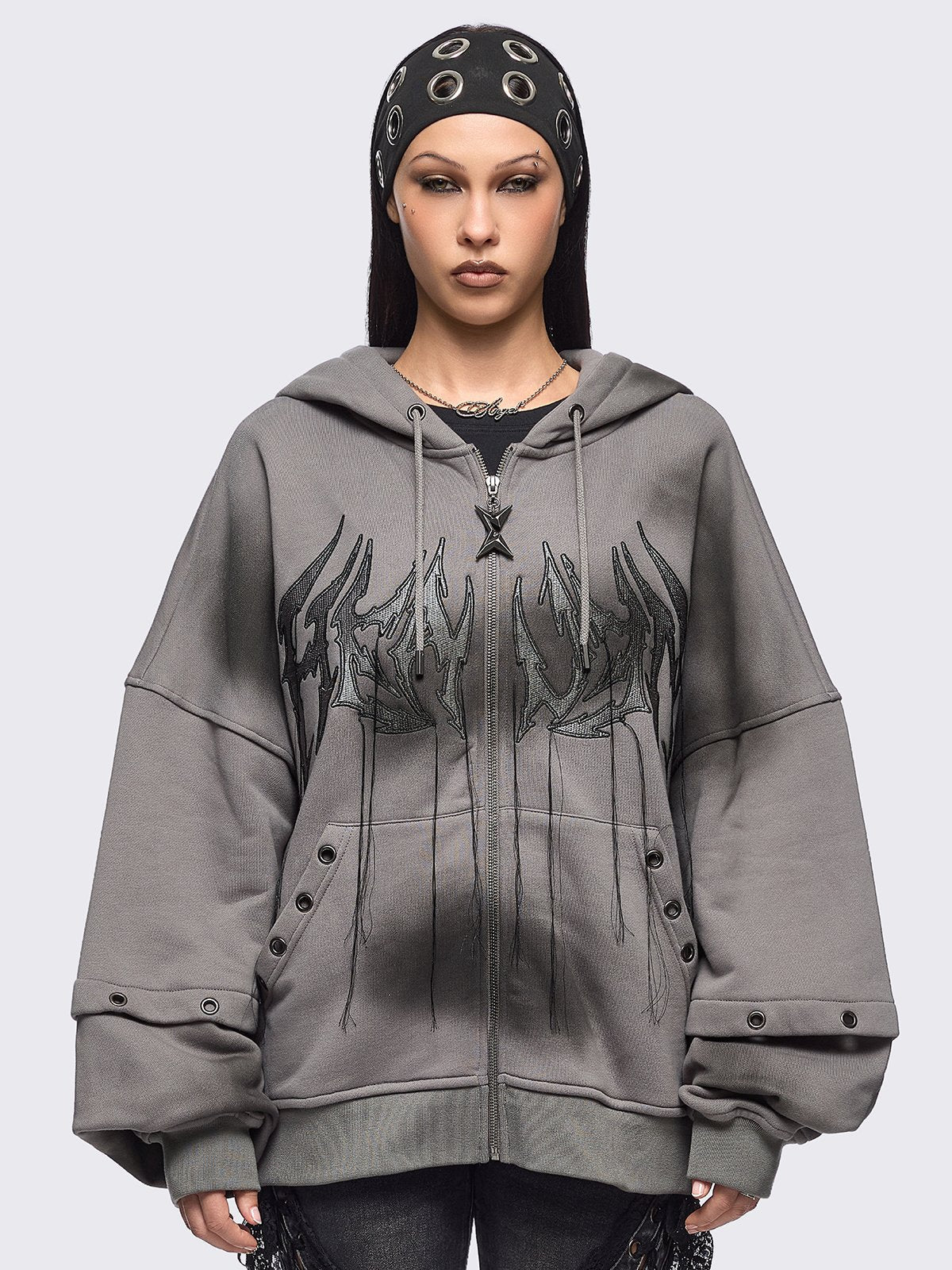Grey washed layered zip up hoodie with floppy ears hood, "Heaven" embroidery and silver eyelet details.