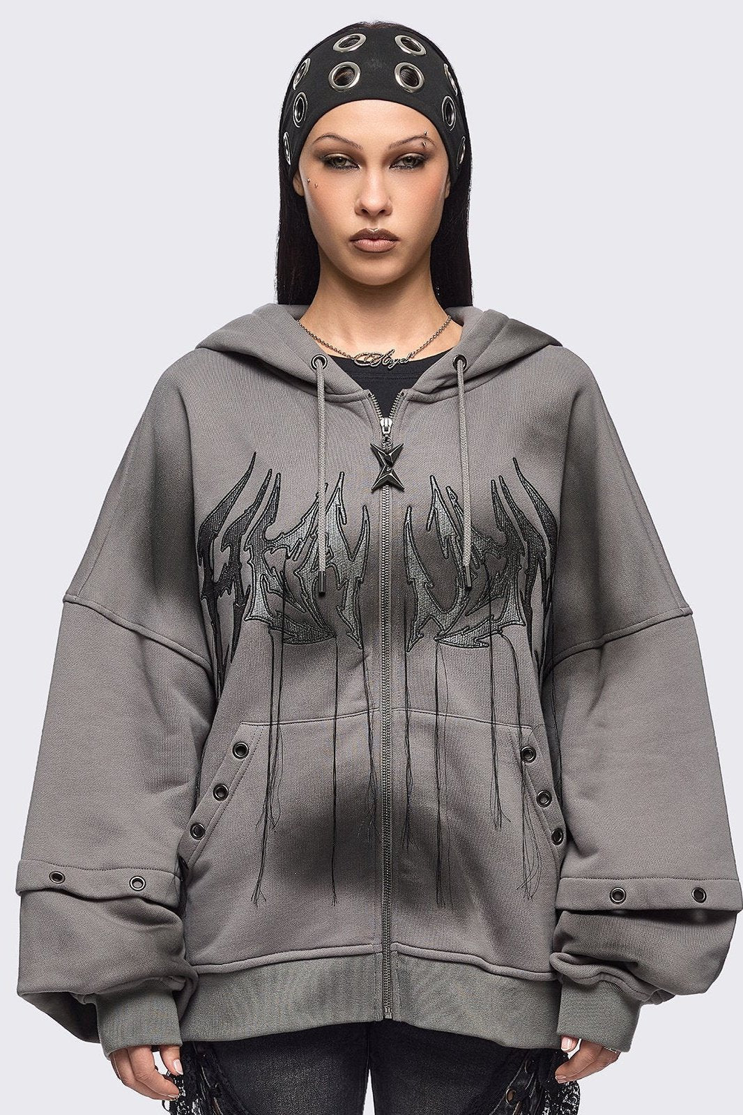 Bunny Ear Zip Up Hoodie in Washed Grey | Minga London