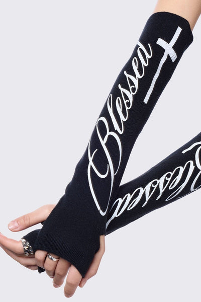 Black Arm Warmers with White Cross Graphic | Minga London