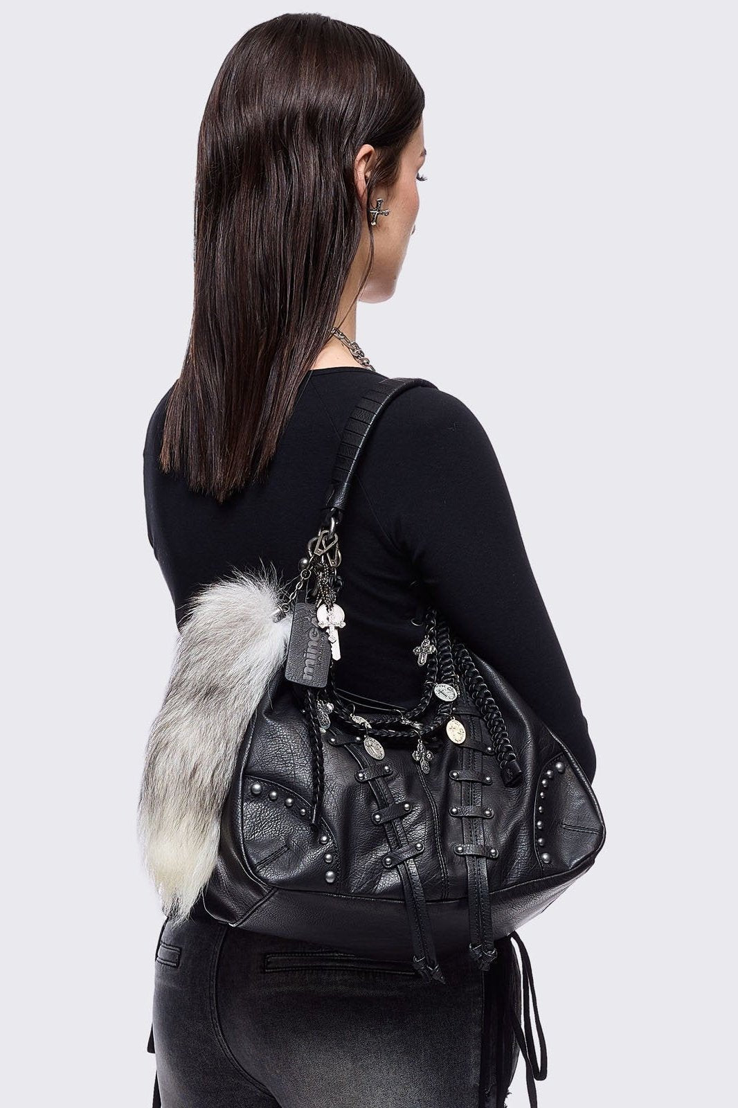 Studded Black PU Hobo Bag with Cross Charms & Fox Tail Keychain