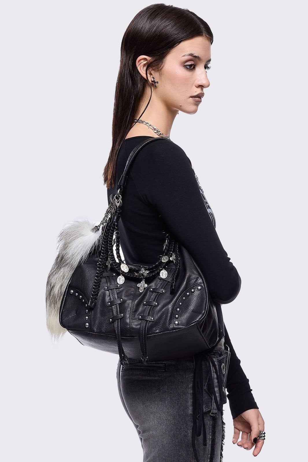 Studded Black PU Hobo Bag with Cross Charms & Fox Tail Keychain
