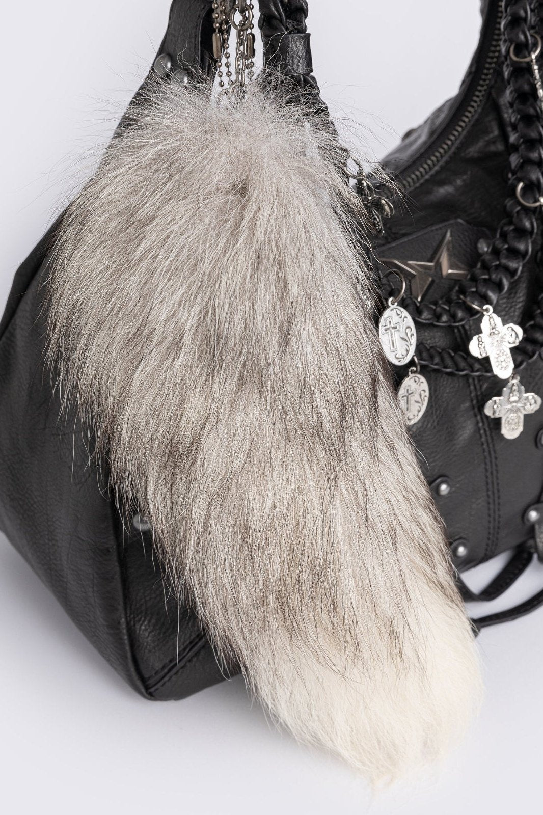 【新品未使用】 Peggy Top Licorice Bohemia 3Y Studded Black PU Hobo Bag with Cross Charms & Fox Tail Keychain