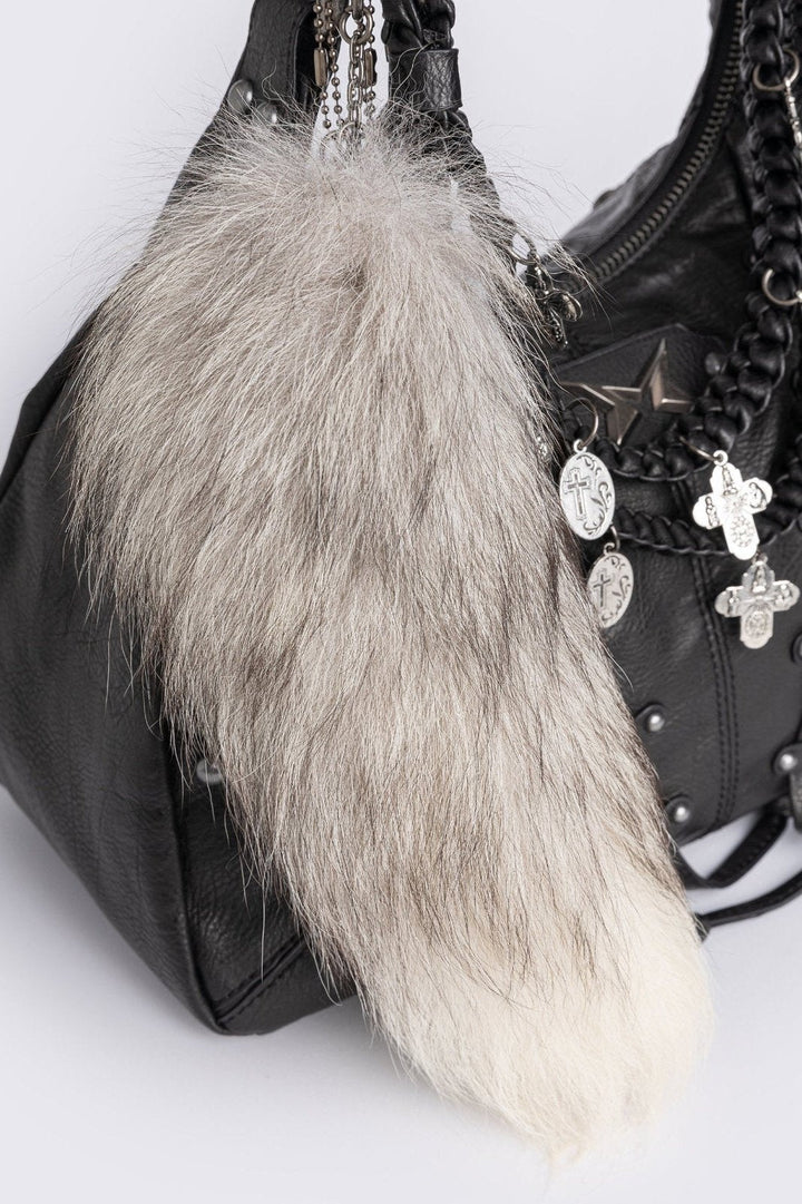 Studded Black PU Hobo Bag with Cross Charms & Fox Tail Keychain