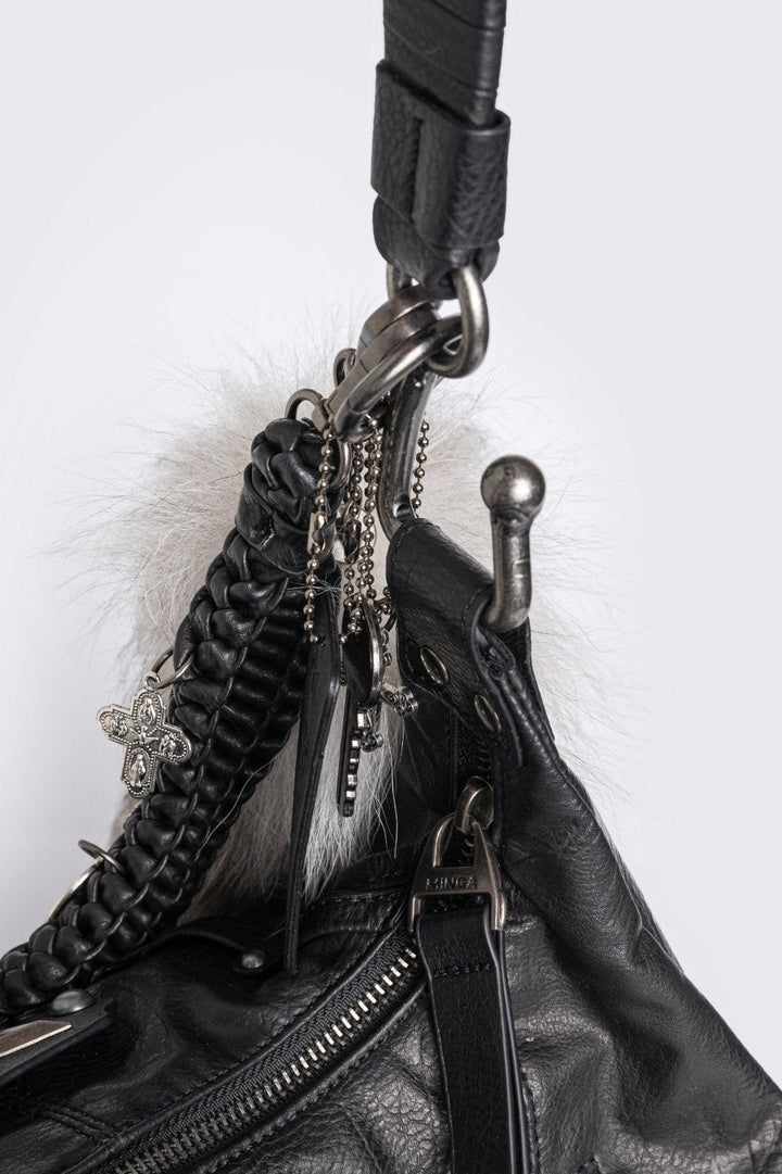 Studded Black PU Hobo Bag with Cross Charms & Fox Tail Keychain