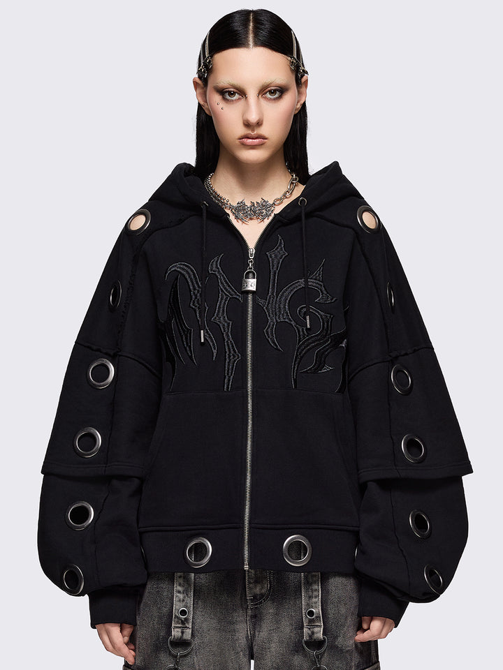 Black Layered Zip Up Hoodie with Chunky Eyelets | Minga London