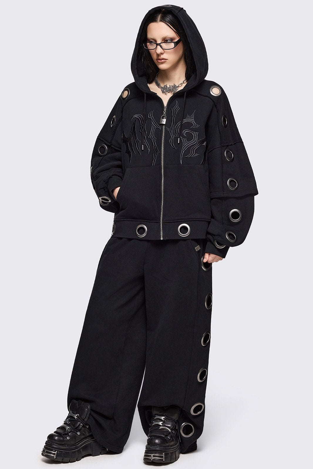Black Layered Zip Up Hoodie with Chunky Eyelets | Minga London