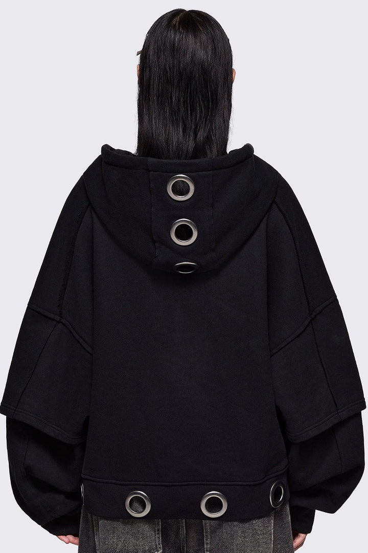 Black Layered Zip Up Hoodie with Chunky Eyelets | Minga London