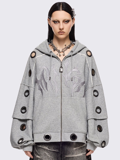 Grey marl layered zip up hoodie featuring chunky silver eyelets and raw edge seam details.