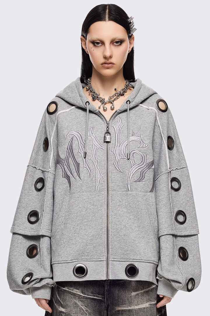 Grey Layered Zip Up Hoodie with Chunky Eyelets | Minga London