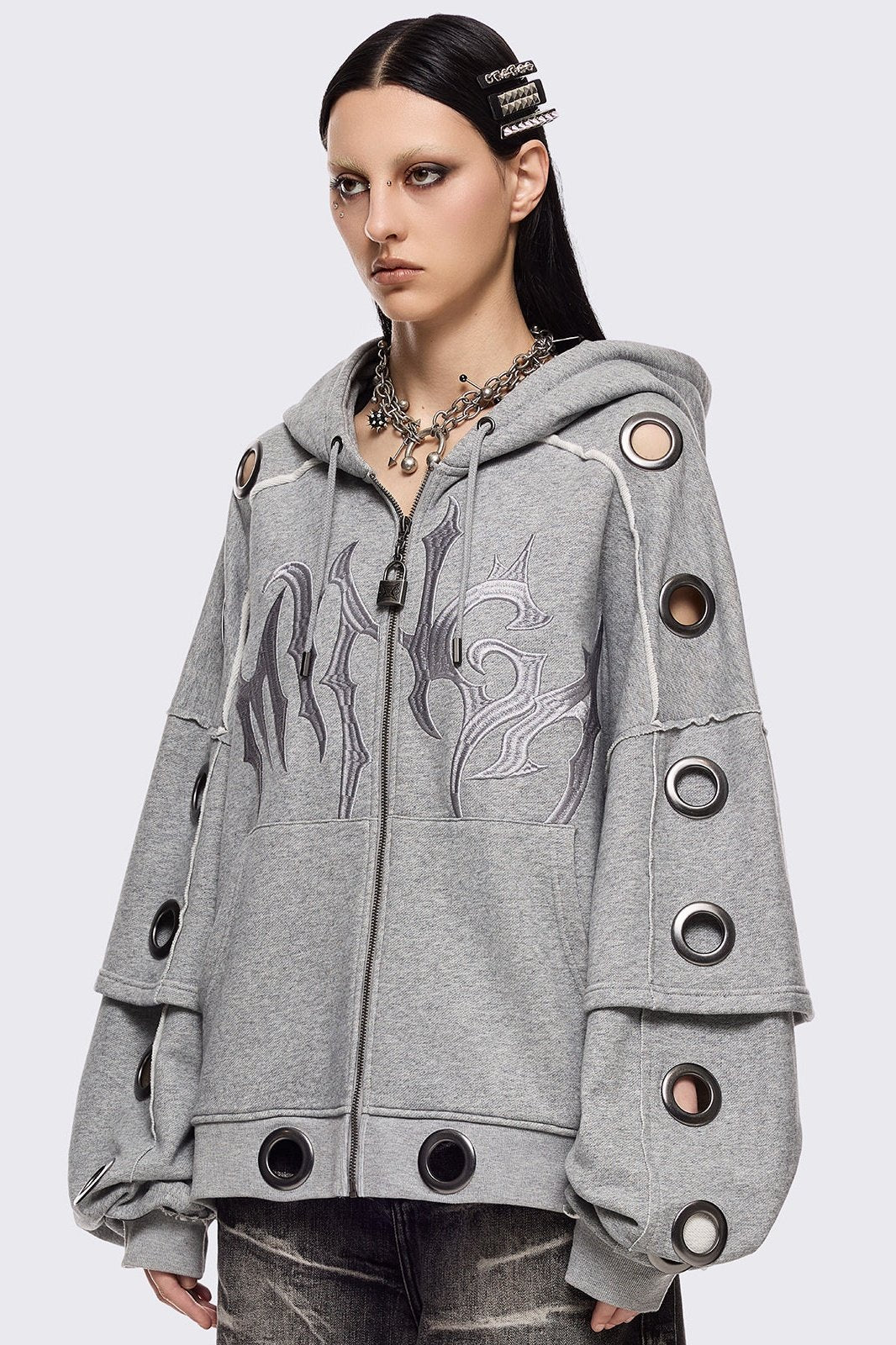 Grey Layered Zip Up Hoodie with Chunky Eyelets | Minga London