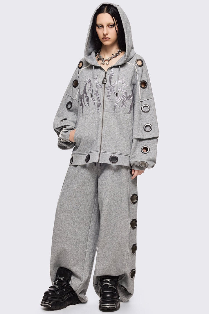 Grey Layered Zip Up Hoodie with Chunky Eyelets | Minga London