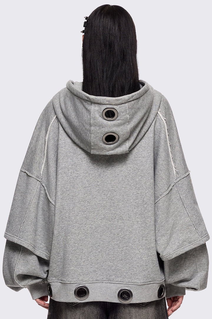 Grey Layered Zip Up Hoodie with Chunky Eyelets | Minga London