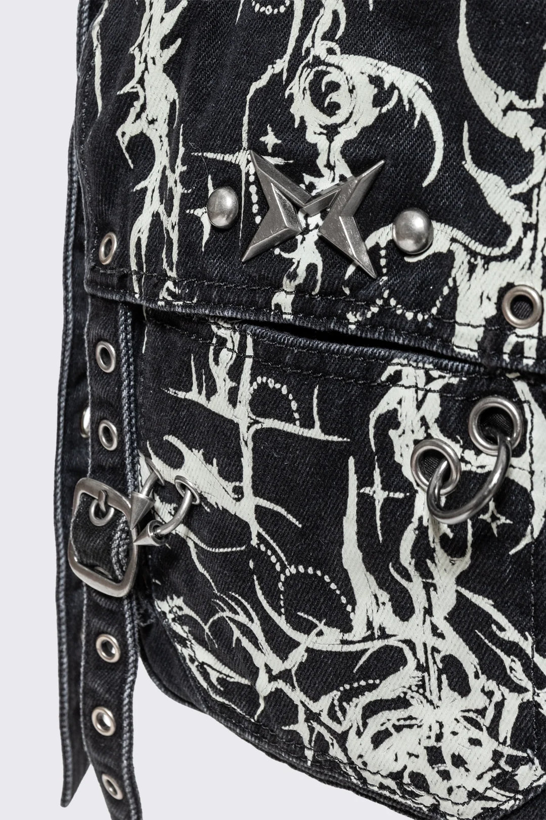 Black Denim Mini Messenger Bag With White Cyber Sigils | Minga London