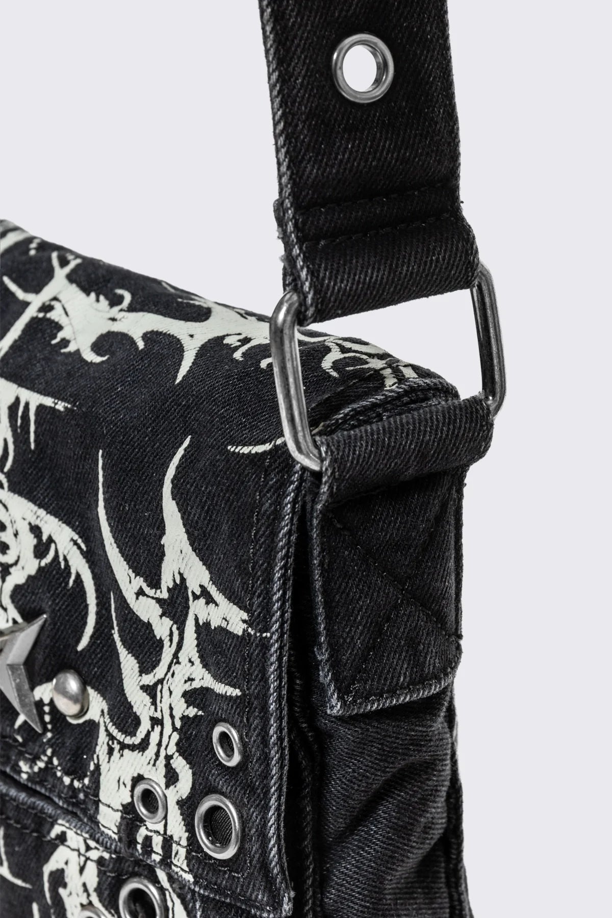 Black Denim Mini Messenger Bag With White Cyber Sigils | Minga