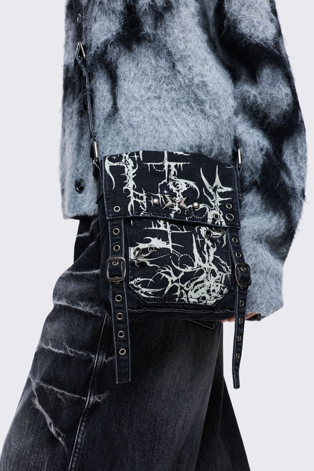 Black Denim Mini Messenger Bag With White Cyber Sigils | Minga