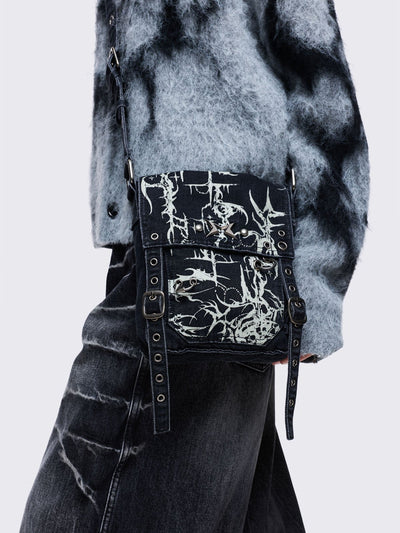 Black washed denim crossbody bag with off-white grunge sigilism graphic print