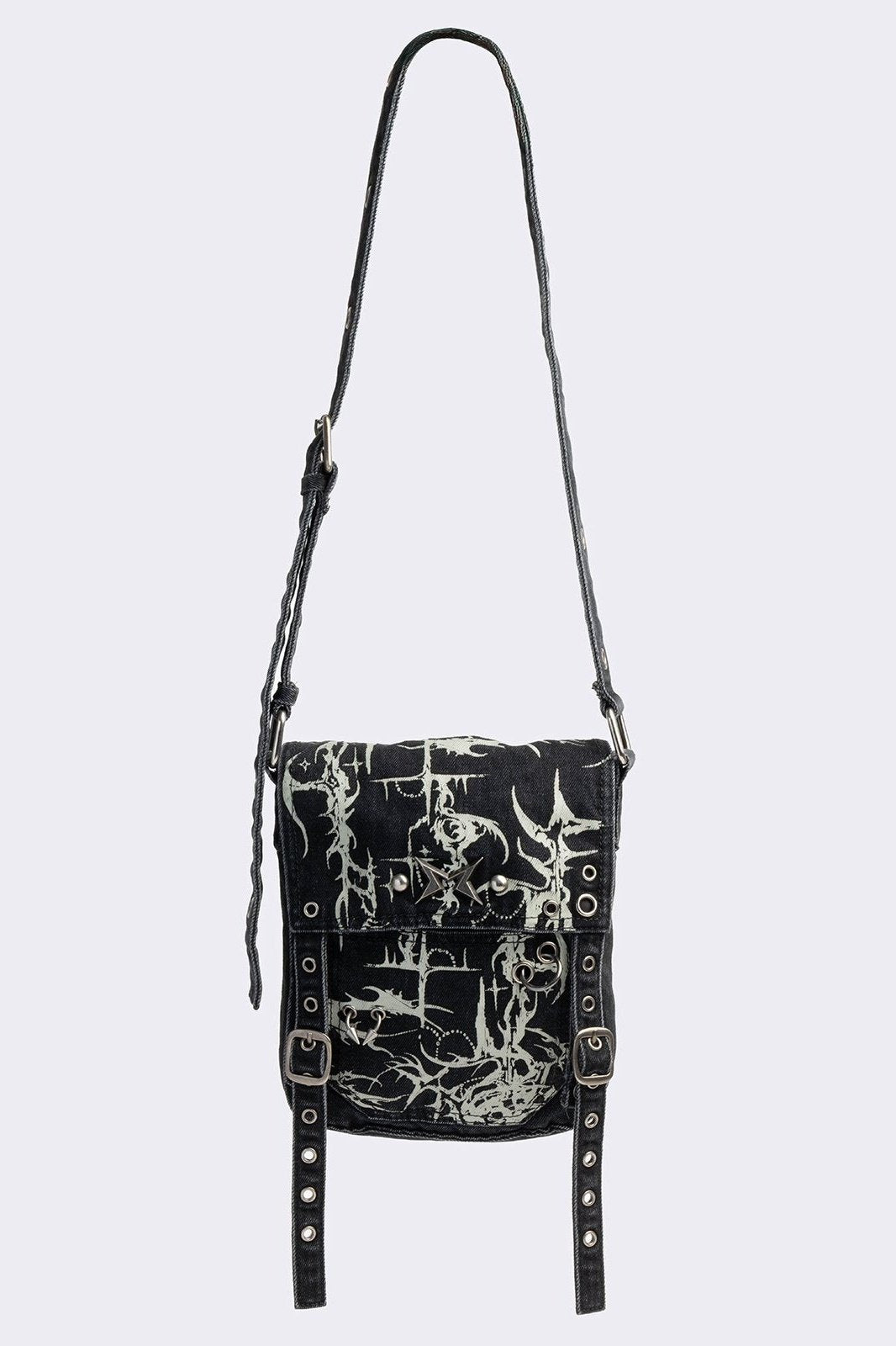 Black Denim Mini Messenger Bag With White Cyber Sigils | Minga