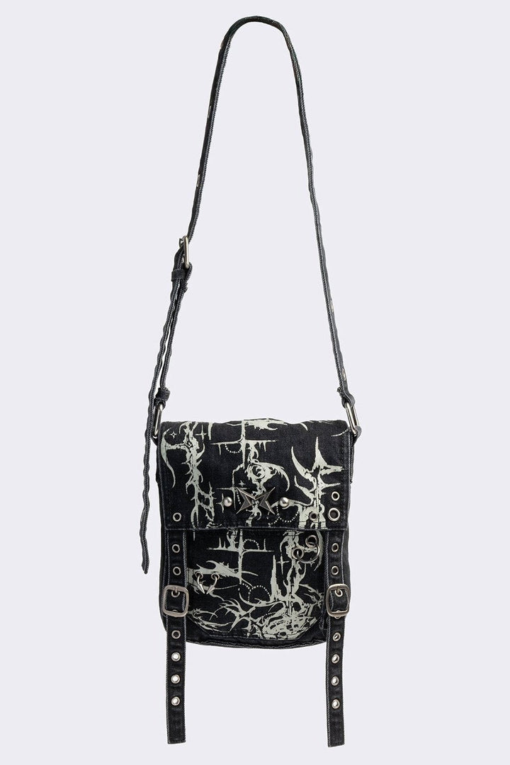 Black Denim Mini Messenger Bag With White Cyber Sigils | Minga