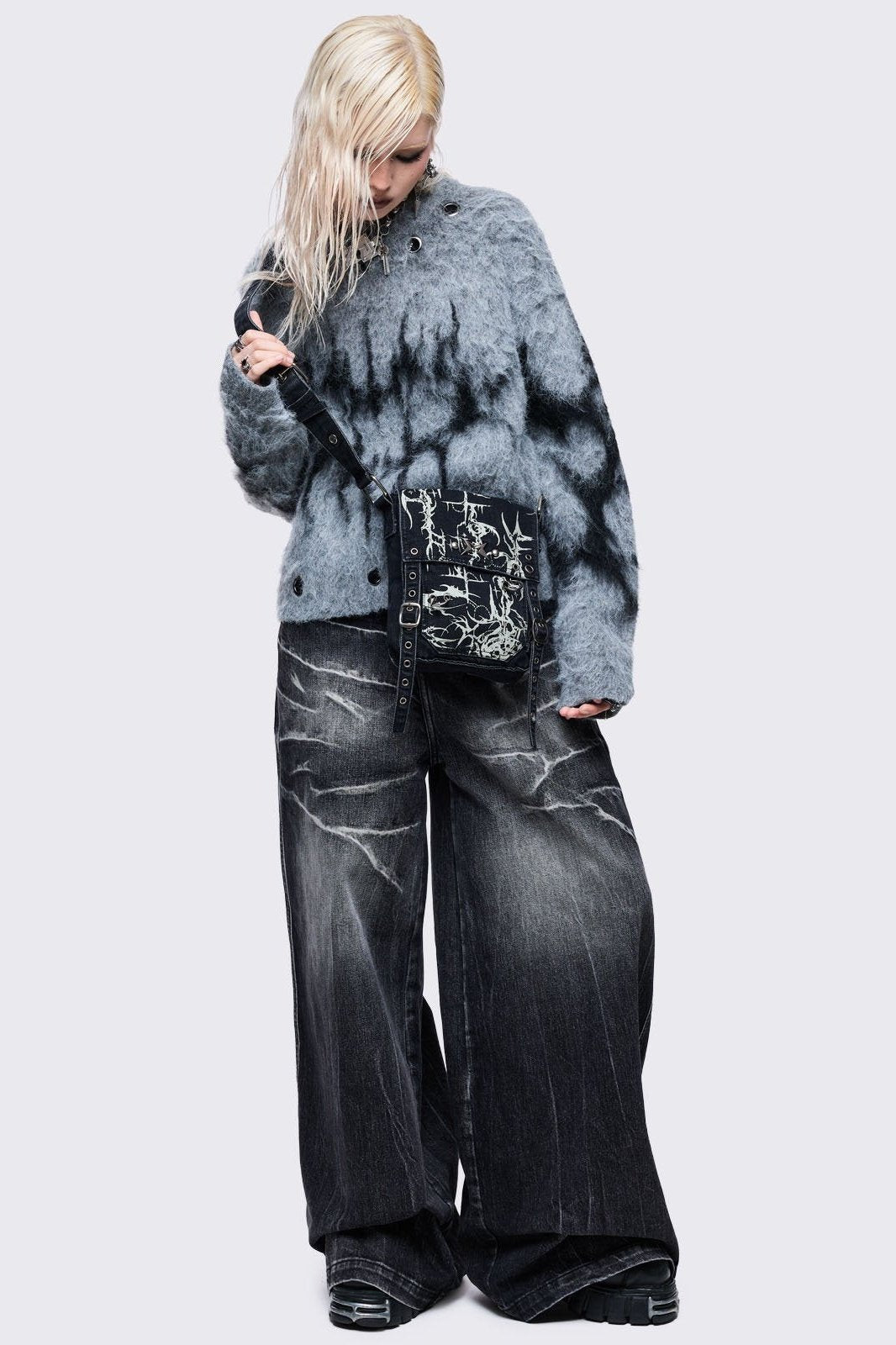 Black Denim Mini Messenger Bag With White Cyber Sigils | Minga London