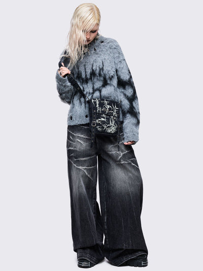 Black washed denim crossbody bag with off-white grunge sigilism graphic print