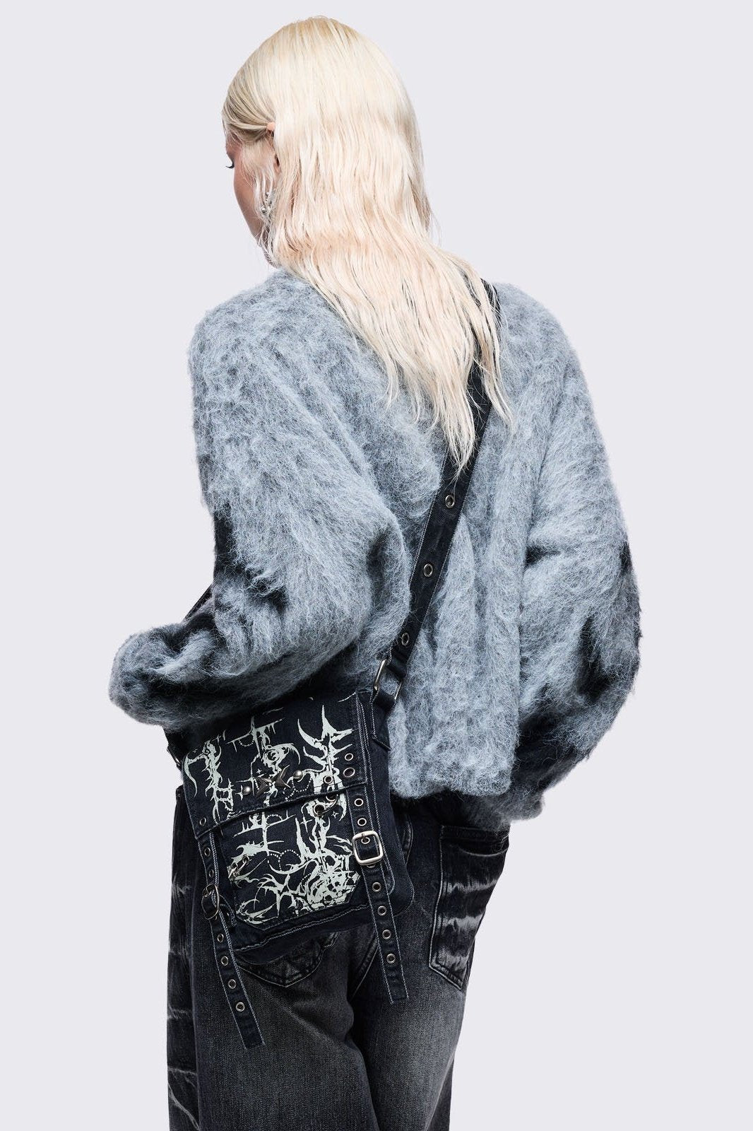 Black Denim Mini Messenger Bag With White Cyber Sigils | Minga