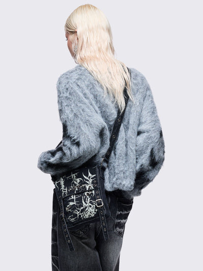 Black washed denim crossbody bag with off-white grunge sigilism graphic print