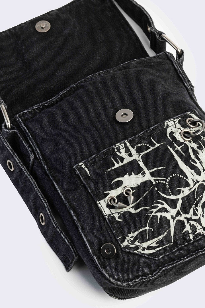 Black Denim Mini Messenger Bag With White Cyber Sigils | Minga