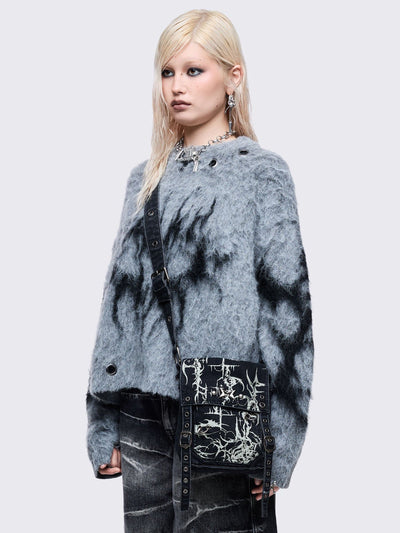 Black washed denim crossbody bag with off-white grunge sigilism graphic print