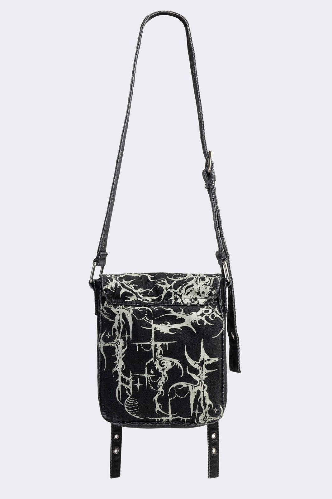 Black Denim Mini Messenger Bag With White Cyber Sigils | Minga