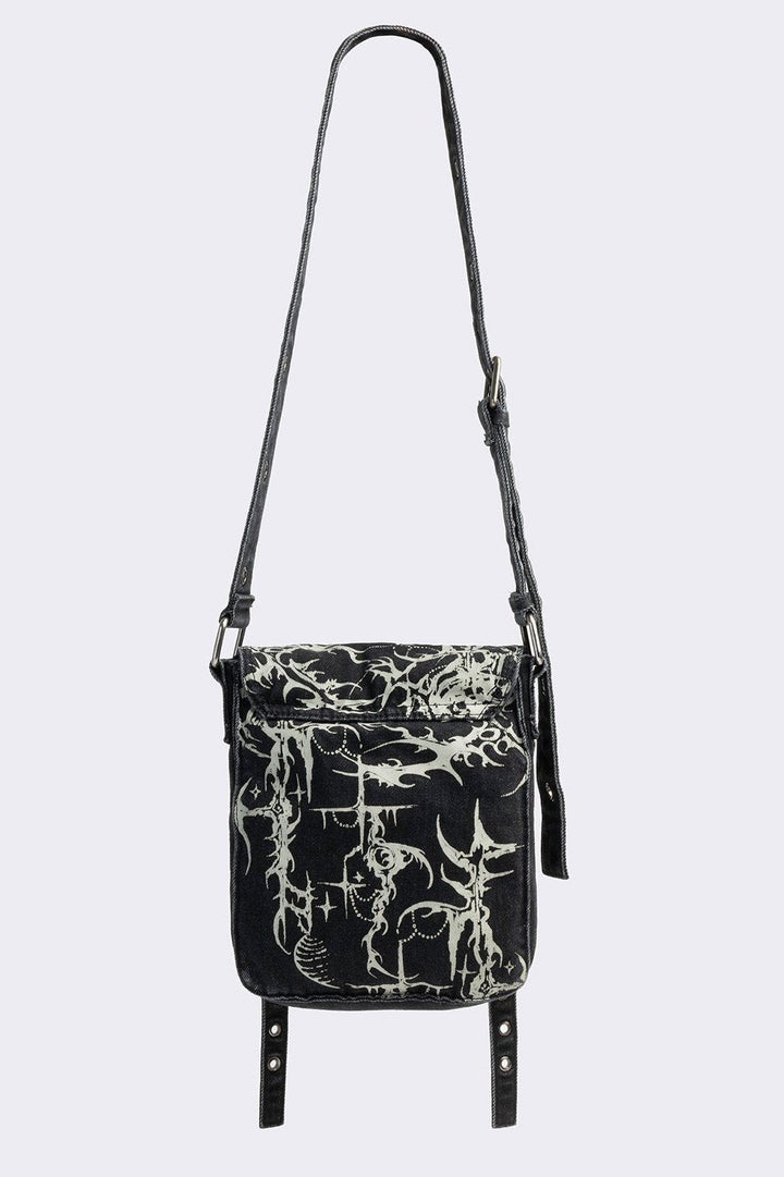 Black Denim Mini Messenger Bag With White Cyber Sigils | Minga