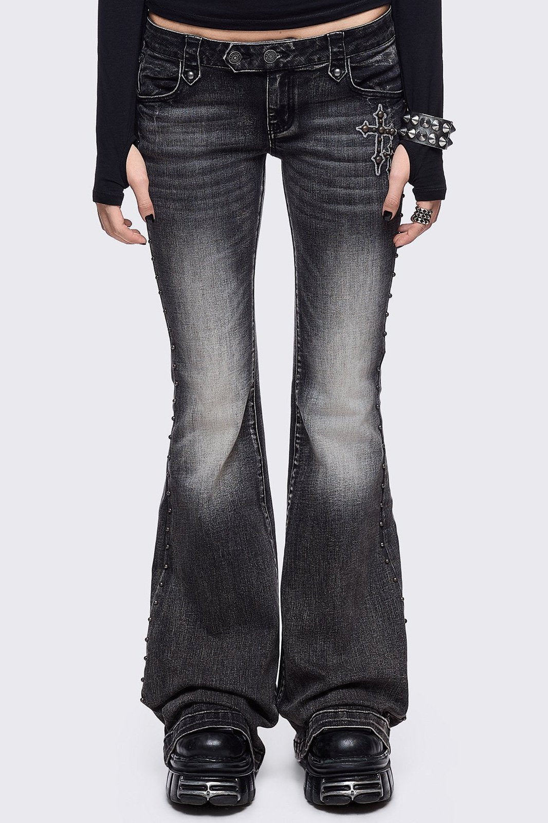 Black Flared Jeans with Back Embroidered Wings | Minga London